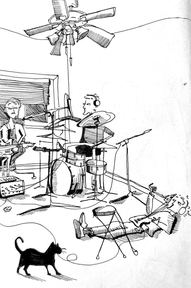 An ink drawing of the band playing in a living room, a black cat crossing the floor.